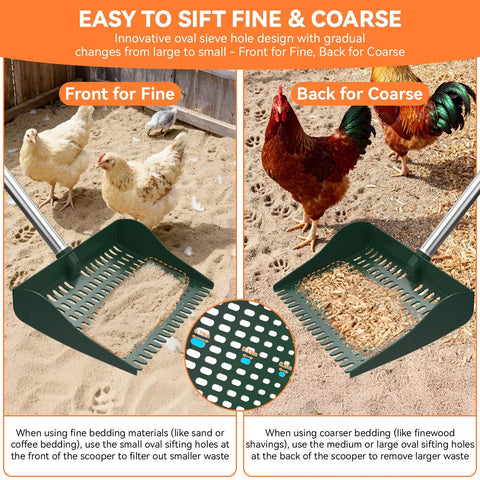 2-In-1 Chicken Coop Poop Scooper And Rake With 13-Inch Wider PP Head, showcasing front and back views in a farm setting.