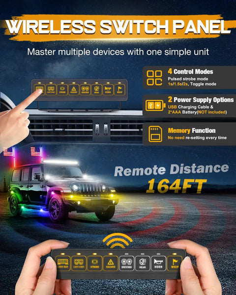 Wireless 8 Gang Switch Panel For Trucks SUVs UTVs And Boats shown with LED modes and controls, remote range 164ft