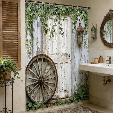 Rustic Barn Door Shower Curtain With Weathered Wood Plank Print Farmhouse Country Retro Vibe Polyester Fabric 70 By 70 Inches Vintage Wagon Wheel Lantern Design Lodge Western Decor For Bathroom