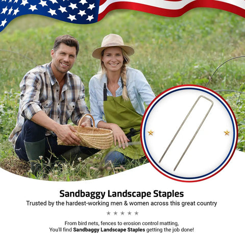 200 Pack 6 Inch Landscape Staples Heavy Duty Pro Grade For Securing Landscape Fabric Ground Cover And Drip Irrigation Tubing Trusted By Farmers And Contractors Across The USA displayed with farmers.