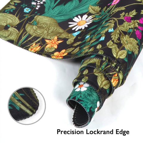 Massive Extended Desk Pad For Gaming And Work XXL Thirty Five Point Four By Fifteen Point Seven Inch Keyboard And Mouse Mat Ultra Smooth Surface Rubber Backing With Stitched Edges Keeps Your Desk Protected Perfect For Home Office Or Gaming Setup floral design close-up showing stitched edges