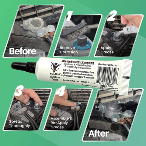 Silicone Dielectric Grease 10g for Automotive and Marine Electrical Connections application process with before and after views.