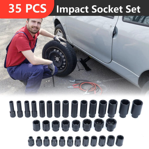 35-Piece 1/2 Inch Drive Deep Impact Socket Set With 6-Point Sockets, Heavy Duty Spindle And Axle Nut Kit, Deep Length 38mm And 78mm, Garage Ready For Car Auto Truck Repairs