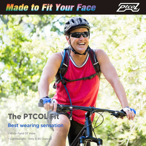 Person in a red tank top and helmet riding a bike outdoors, wearing PTCOZ sunglasses.