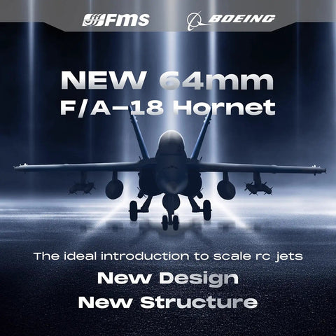 64mm F18 Hornet EDF RC Jet Fighter Aircraft PNP silhouette with text promoting new design and structure against a moody backdrop.
