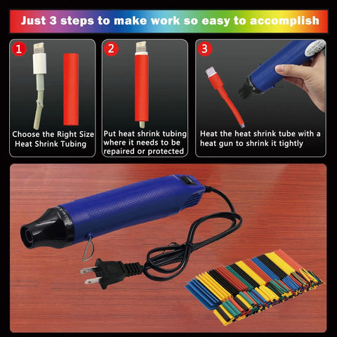 Heavy Duty Wire Heat Shrink Tubing Kit With 300W Mini Heat Gun, 328 Pieces 2:1 Shrink Tubing For Wires And Cables, Quick Heat Up To 392F
