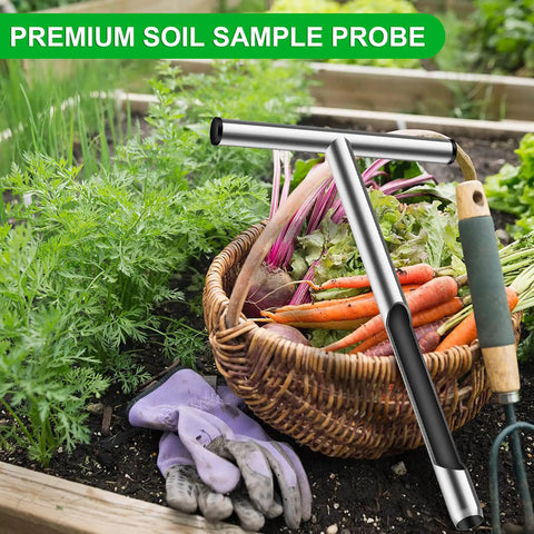 12 Inch Stainless Steel Soil Probe Rod With T Handle For Quick Dirt Testing Includes Soil Sample Kit beside garden vegetables