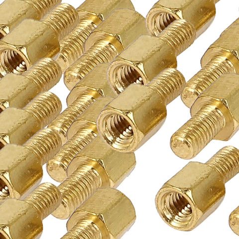 Heavy Duty M3 Brass Motherboard Standoffs Male To Female Thread Hex Spacer Screws pack of twenty pieces arranged closely.