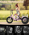 Kids Electric Tricycle 250W Three Wheel E Trike With 16 Inch Tires And Basket Anti Tip Stable Ride Quality Certified For Safe Fun Great For Neighborhood Cruises And Family Adventures. Pink kids 3-wheel e-trike with rear basket and 16-inch fat tires