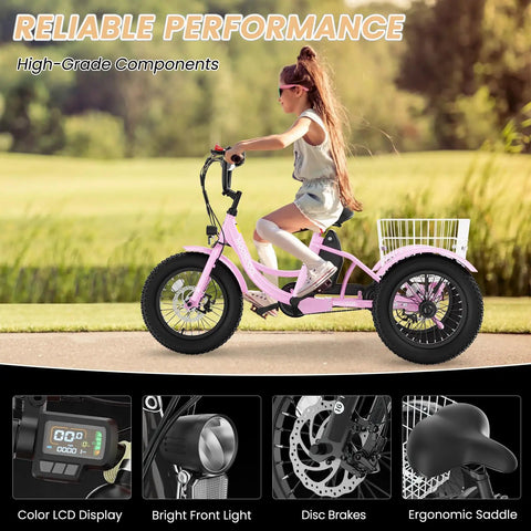 Kids Electric Tricycle 250W Three Wheel E Trike With 16 Inch Tires And Basket Anti Tip Stable Ride Quality Certified For Safe Fun Great For Neighborhood Cruises And Family Adventures. Pink kids 3-wheel e-trike with rear basket and 16-inch fat tires