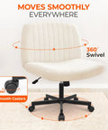 Cross Legged Comfy Office Desk Chair With Wheels Armless Swivel Fabric Seat in beige on carpet, showing 360° swivel and wheels.
