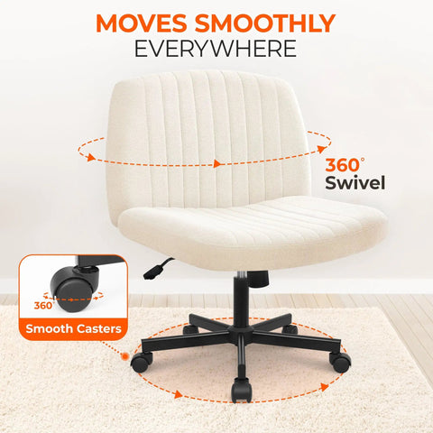 Cross Legged Comfy Office Desk Chair With Wheels Armless Swivel Fabric Seat in beige on carpet, showing 360° swivel and wheels.