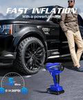 Cordless Tire Inflator Portable On The Go Air Compressor With 150 PSI Dual Power DC 12V And Battery Handheld Air Pump next to SUV