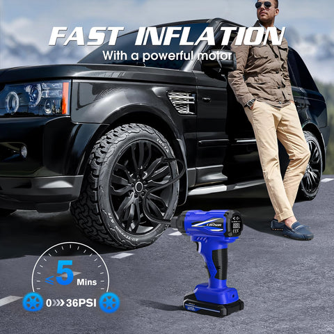 Cordless Tire Inflator Portable On The Go Air Compressor With 150 PSI Dual Power DC 12V And Battery Handheld Air Pump next to SUV