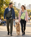 Couple walking dog, both wearing Men's Sling Bag Crossbody Backpack, Compact Yet Roomy Small Sling Pack For Everyday Carry