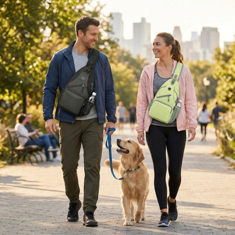 Couple walking dog, both wearing Men's Sling Bag Crossbody Backpack, Compact Yet Roomy Small Sling Pack For Everyday Carry