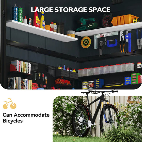4x6 Ft Resin Outdoor Storage Shed With Reinforced Floor And Lockable Door No Fuss All Weather Plastic Tool Shed With Window And Vents For Garden Patio Bikes Garbage Cans And Yard Gear Dark Gray showing interior storage space with shelves and bicycle accommodation.