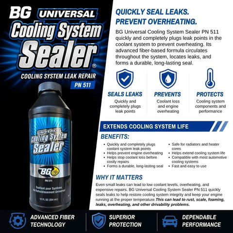 BG Universal Cooling System Sealer Stops Leaks Fast Radiator Heater Core 12 Oz with a sleek bottle design for engine care.