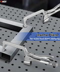 Two Pack 14 Inch Bench Clamp System For Welding Tables Heavy Duty C Clamps With M8 Bolts Deep Reach Jaw Four Seven Eight Inch Throat Five And Five Eighth Inch Table Mounted Ideal For Welding Woodworking Drilling Routing And Assembly, on perforated metal table