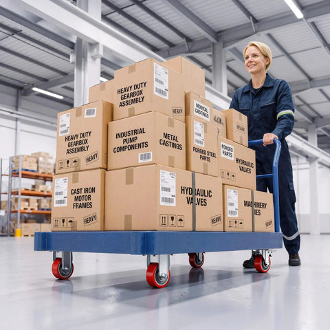 Woman pushing a cart with boxes labeled 'Heavy Duty Gearbox Assembly', showcasing Heavy Duty 3 Inch Caster Wheels Set Of 4 With Thick Steel Brackets And Total Lock Brakes Rated Up To 1410 Lbs Capacity Built Tough As Nails For No Sweat Loadin Tasks.
