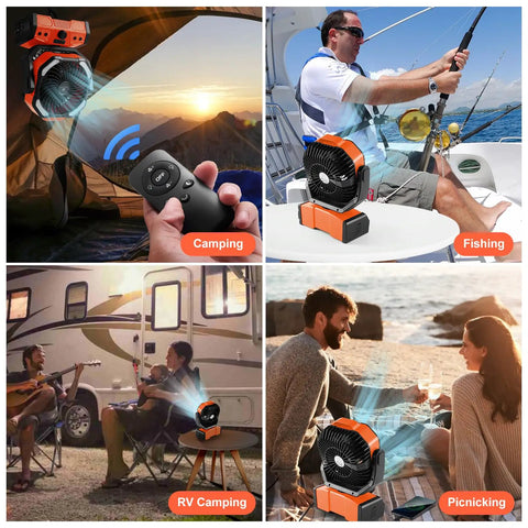Various uses of 40000mAh Camping Fan With LED Light Remote And Hook Rechargeable Oscillating Tent Fan For Power Outs Travel RV Job Site