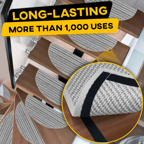 Heavy Duty Hook And Loop Tape Roll With Super Sticky Adhesive Backing Badass Industrial Fastening Strips That Cling Like Crazy And Rip Clean In Black One Inch on stairs, showing its strong grip and texture.