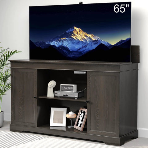 Hidden Motorized TV Lift Cabinet For 55 To 65 Inch Televisions With Storage And Remote Control In A Slick Modern Walnut Finish
