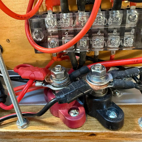 Beefy Battery Junction Post Power Distribution Block Bus Bar For 12V Systems 150A M6 Single Stud Marine Terminal For Auto Boat Panel Mount Red And Black installed with red and black cables