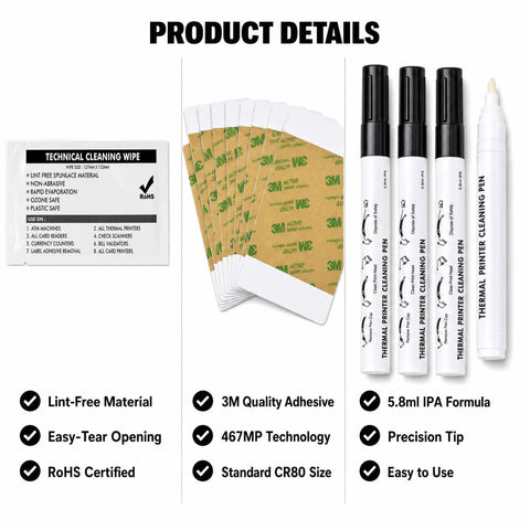 Upgrade ID Card Printer Game With This Complete Maintenance Kit Featuring Four Printhead Cleaning Pens Ten Adhesive Scrub Cards And Fifty Premium Wipes To Tackle Greasy Buildup Without Breaking A Sweat, includes wipes and cleaning pens.