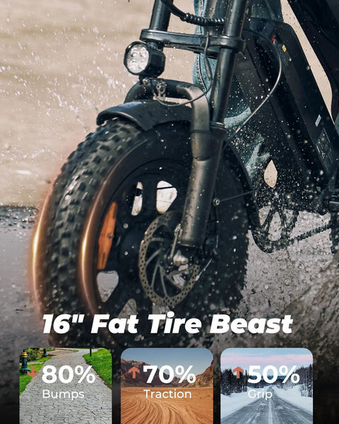 Electric Fat Tire Bike For Adults And Teens With GPS Location, 16 Inch Wheels, 1500W Brushless Motor, 65Nm Peak Torque, Reaches Up To 20 MPH, Handles 30 Percent Grades On Urban Streets And Rugged Trails front wheel in water spray