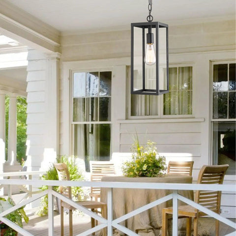 15 Inch Outdoor Pendant Lantern Light With Clear Glass For Patio Pathway And Hallway hanging on porch ceiling