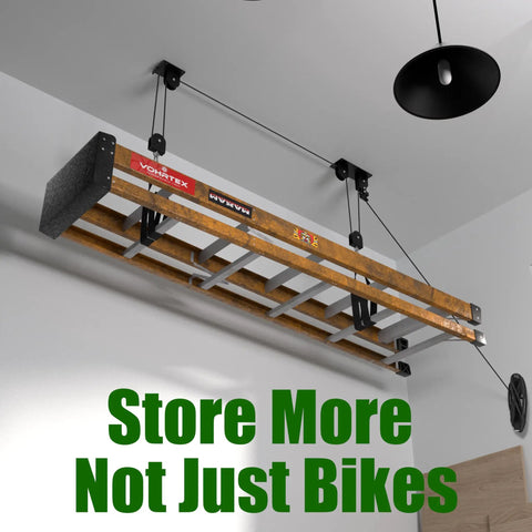 Ceiling Mount Bike Hoist With 100 Lb Capacity Overhead Storage For All Bike Types From E Bikes To Fat Tires Ideal Garage Or Workshop Space Saver Lift Your Ride Off The Floor And Free Up Cubic Footage installed on ceiling, wooden base, black pulleys