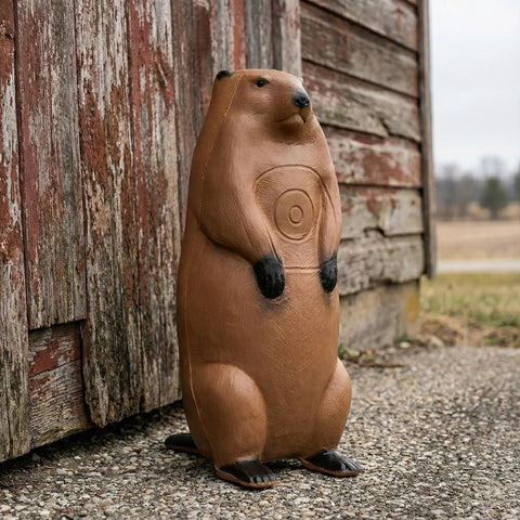 Real Wild 3D Groundhog Archery Target For Realistic Hunting Practice next to a wooden barn, self-healing foam material