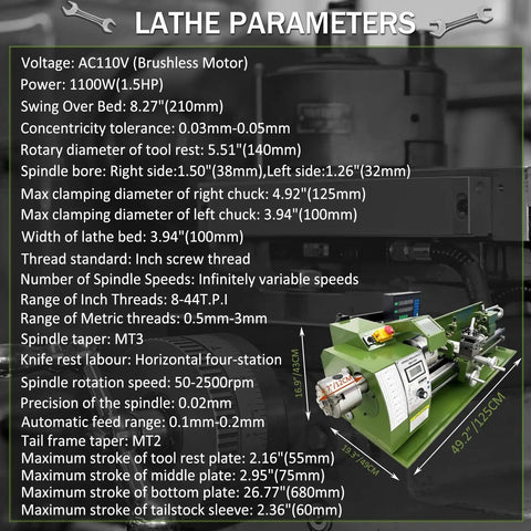 Shop Grade Benchtop Metal Lathe With Dual Chucks For Long Shafts Tubes 1100W Brushless Motor Variable Speed detailed specs and dimensions.