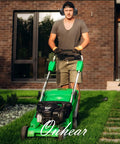 Person mowing lawn wearing Noise Canceling Ear Muffs For Adults And Kids, Adjustable Hearing Protection For Shooting, Construction, Mowing, Concerts, Sports And Autism Support, Comfortable Double Layer Foam With ABS Shell For Superior Noise Reduction And All Day Wear.