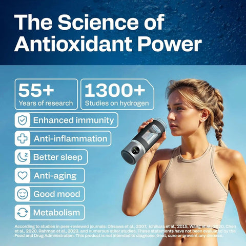 Woman holding Hydrogen Water Bottle With 6000 PPB Concentration Portable 16.2 Oz Generator And SPE PEM Ionizer for wellness