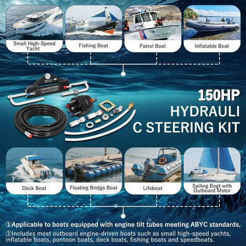 Hydraulic Outboard Steering Kit With Wheel Cylinder Helm Pump 20 Ft Hoses And Installation Parts For Single Engine Boats Up To 150HP Plug And Play Ready To Install And Complete With All Hardware