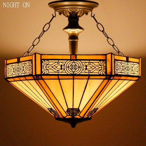 Tiffany Style Yellow Hexagon Stained Glass Ceiling Light Fixture That Pops, Mission Semi-Flush Mount Lamp, night view