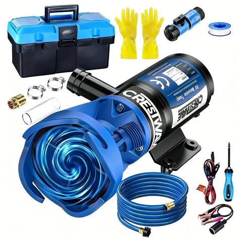 RV Macerator Pump For Fast 4 Minute Tank Emptying In RVs And Boats, 12 GPM Flow, 10 Foot Lift, 12V 144W Copper Motor With SK5 Blades, Full Protection Kit, Hose Included