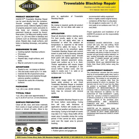 Instruction manual for Trowelable Blacktop Repair Quart Ready To Use Fills Cracks Up To One Inch Seals And Extends Pavement Life