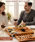 Personalized Acacia Wood Charcuterie Board Set With Heavy Duty Stainless Steel Knives serving cheese and wine in a home setting.