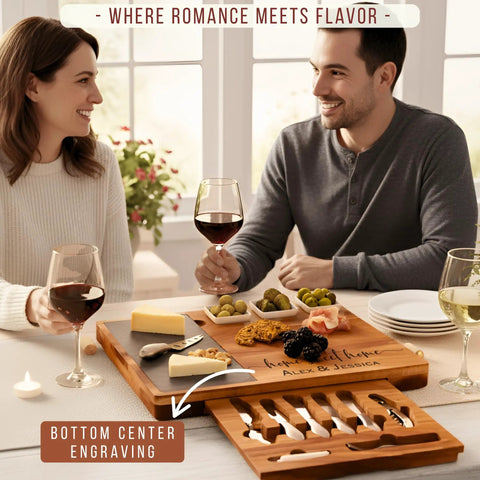 Personalized Acacia Wood Charcuterie Board Set With Heavy Duty Stainless Steel Knives serving cheese and wine in a home setting.