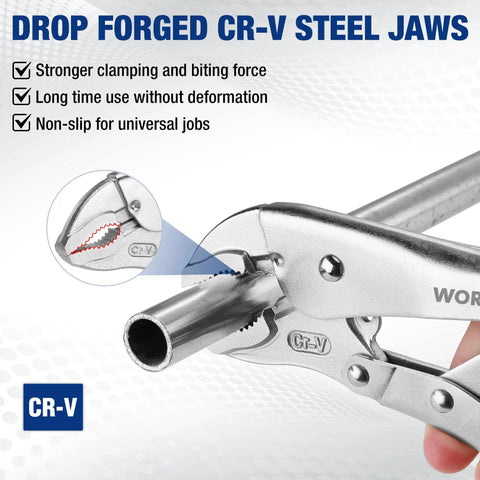 Close-up of chrome-vanadium steel jaw from 5 Piece Locking Pliers Set With Chrome-Vanadium Steel, Curved Jaw Vice Grips And Long Nose Pliers.
