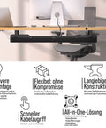 Under desk cable tray for clean, mess free workspaces, easy cable management organizer in black under a desk with cables.