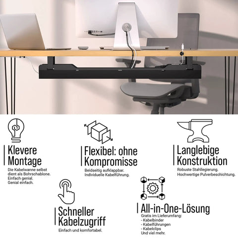 Under desk cable tray for clean, mess free workspaces, easy cable management organizer in black under a desk with cables.