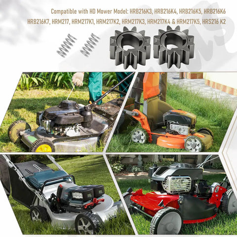 12 Teeth Drive Gear Kit For Lawn Mower Replacement With Keys, Springs, And Clips displayed with various compatible mowers