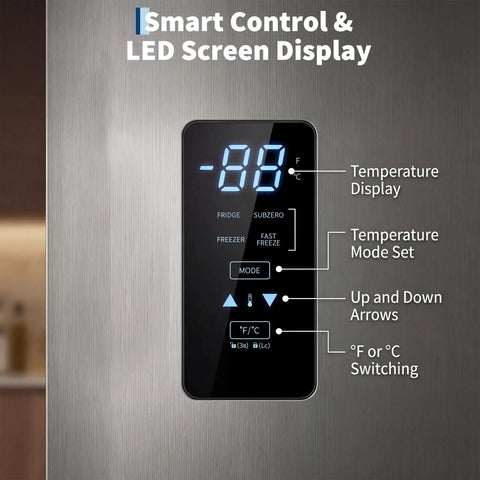 Smart control panel of Huge 17 Cu Ft Upright Convertible Freezer And Fridge Hybrid with LED screen display and temperature settings.