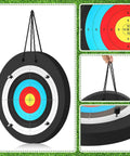 Backyard Ready 24 Inch EVA Foam Archery Target Block with pins, handle, and colored target rings for practice.