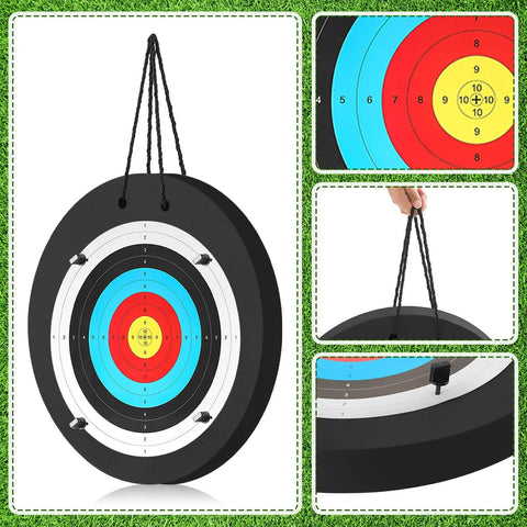 Backyard Ready 24 Inch EVA Foam Archery Target Block with pins, handle, and colored target rings for practice.