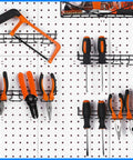 4 Piece Pegboard Tool Hooks Set With Stainless Steel Ring Hangers For Pliers And Small Tools on a pegboard holding tools
